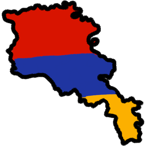 A land mass matching the shape of Armenia with a black outline and the interior matching the Armenian flag: 3 stripes, red, blue, then yellow.